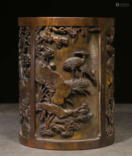 A ZITAN WOOD BRUSH POT CARVED WITH BIRD&FLOWER