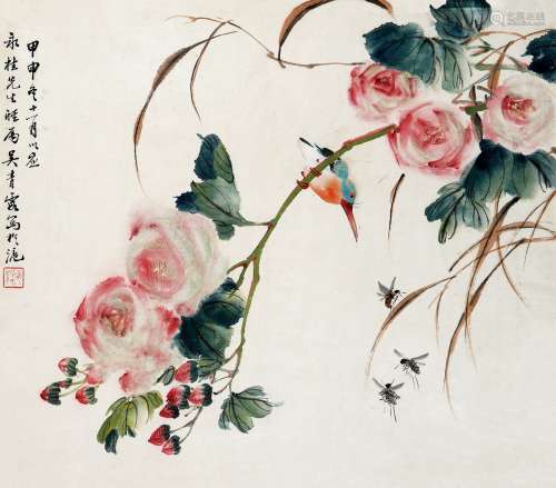 吴青霞（1910-2008） 红花翠鸟图
