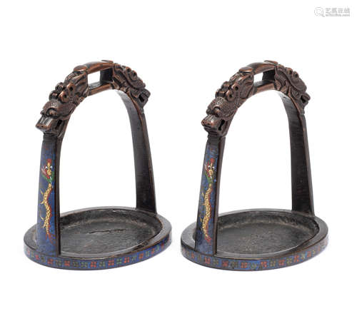 A PAIR OF CHINESE BRONZE AND CLOISONNÉ STIRRUPS