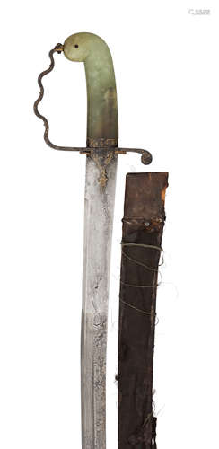 AN INDIAN SWORD (SHAMSHIR) WITH GREEN HARDSTONE HILT