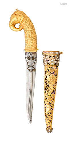 AN INDIAN GEM-SET GOLD-MOUNTED DAGGER (KHANJAR)