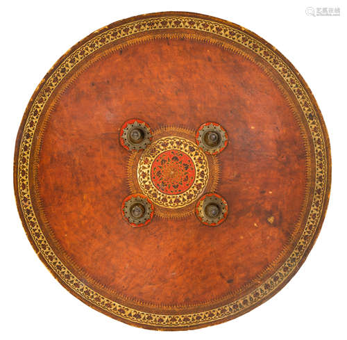 AN INDIAN LACQUERED HIDE SHIELD (DHAL)