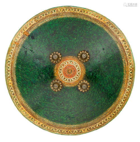 AN INDIAN LACQUERED HIDE SHIELD (DHAL)