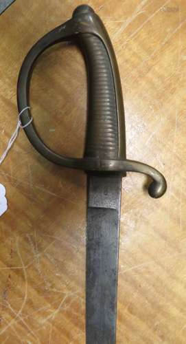 A GERMAN DECORATIVE IRON HATCHET, A CONTINENTAL INFANTRY SWORD AND A MACHETE