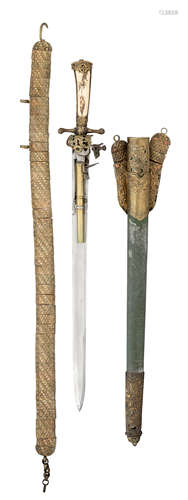 A RARE GERMAN COMBINED HUNTING SWORD AND 120 BORE FLINTLOCK PISTOL