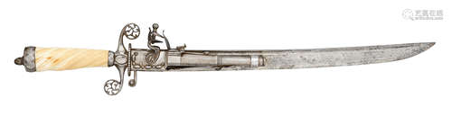 ˜A RARE ENGLISH COMBINED HUNTING SWORD AND 100 BORE FLINTLOCK PISTOL