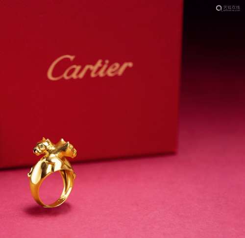 卡地亚（Cartier）Double Panther 18K黄金缟玛瑙祖母绿双豹戒指（附原盒）