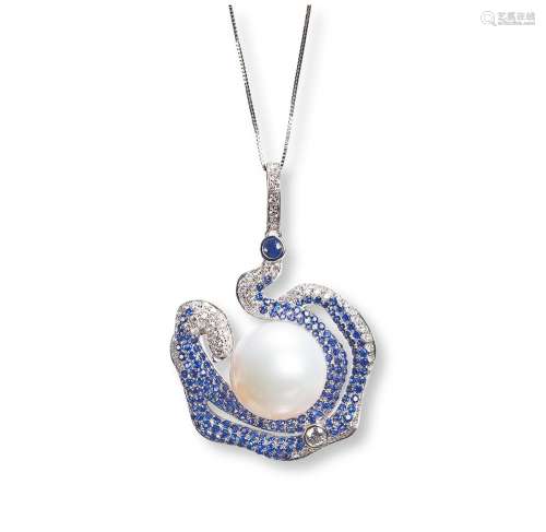 13mm珍珠蓝宝石钻石吊坠
