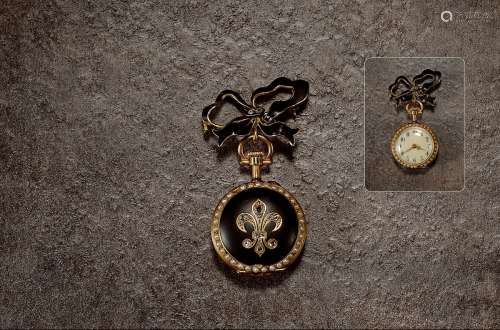 1900年制 18K金黑珐琅镶嵌珍珠饰怀表