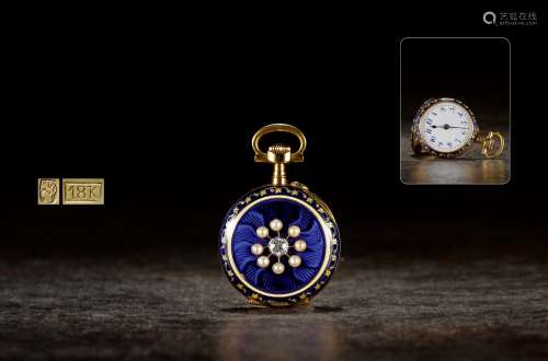1900年制 18K金蓝珐琅镶嵌珍珠饰怀表