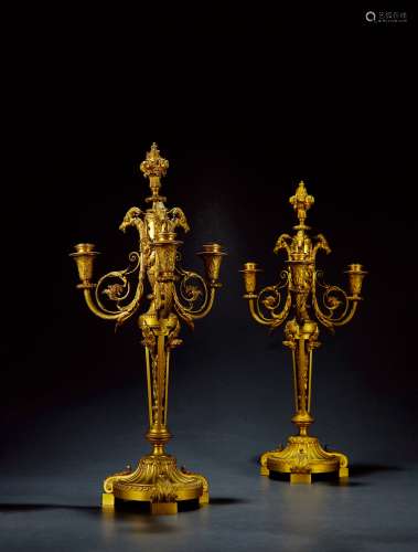 十九世纪制 铜鎏金人物高浮雕羊首饰烛台一对