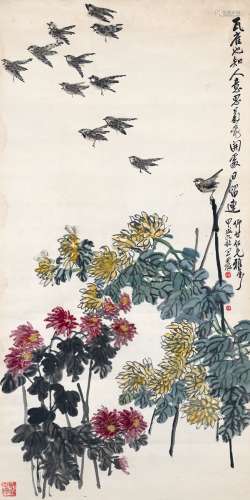 王 震（1867～1938） 瓦雀菊花图