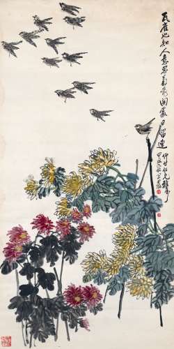 王 震（1867～1938） 瓦雀菊花图