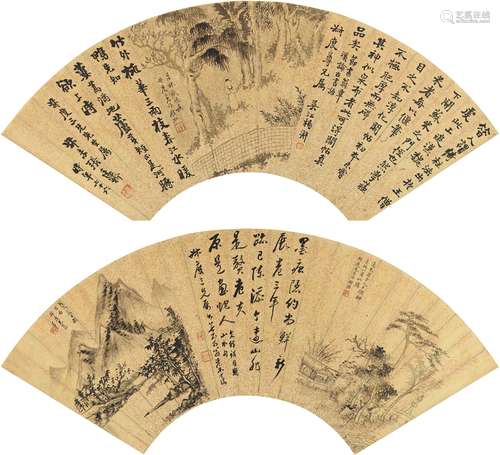 杨 澥（1781～1860）、钱 杜（1764～1845）、张廷济（1768～1848）、张培敦（1772～1846）、瞿中溶（1769～1842）、朱昂之（1764～1841后） 书画合璧扇页二帧