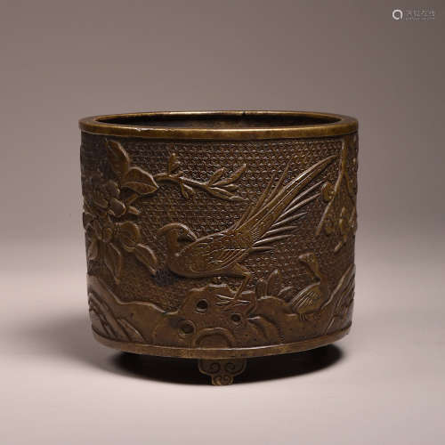 清早期 铜花鸟纹如意足筒炉