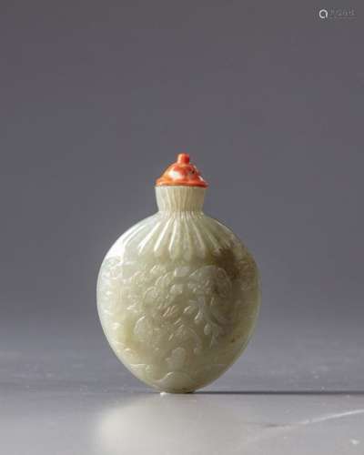 A CHINESE CELADON JADE POUCH FORM SNUFF BOTTLE, CH…