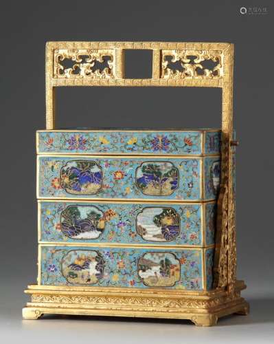 A CHINESE CLOISONNÉ ENAMEL THREE TIERED LUNCH BOX,…