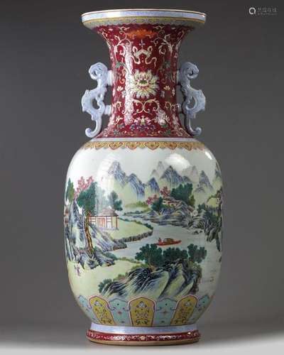 A LARGE CHINESE FAMILLE ROSE 'LANDSCAPE' VASE, CHI…