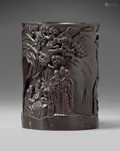 A CHINESE HARDWOOD CARVED BRUSH POT, CHINA, 20TH C…