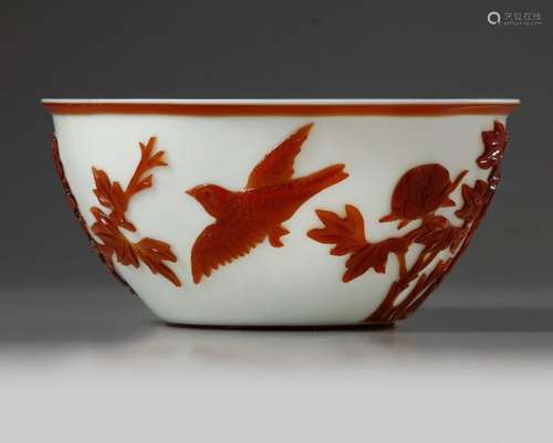 A CHINESE CARVED OVERLAY GLASS 'BIRD AND FLOWERS' …