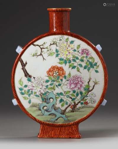 A CHINESE FAMILLE ROSE FAUX BOIS MOON FLASK, CHINA…