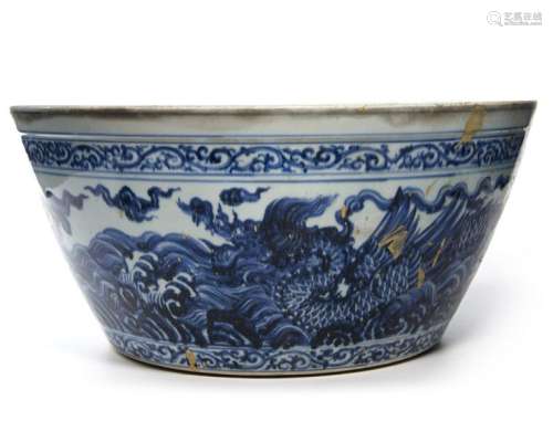 A CHINESE BLUE AND WHITE DRAGON BASIN, CHINA, 19TH…