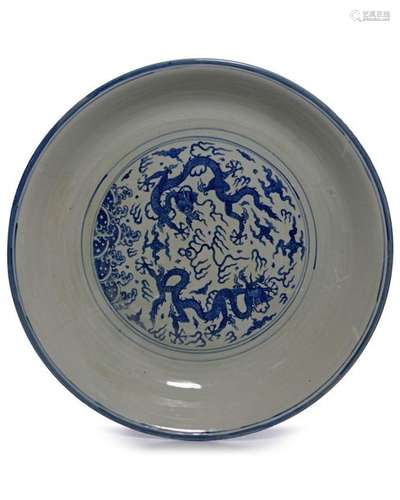 A LARGE CHINESE BLUE AND WHITE DRAGONS DISH, CHINA…