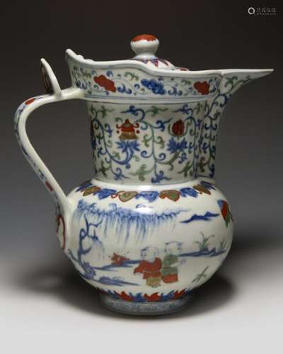 A CHINESE DOUCAI MONK'S CAP EWER AND COVER