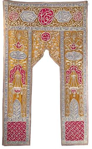 AN OTTOMAN MIHRAB BROCADE DOOR DECORATION, POSSIBL…