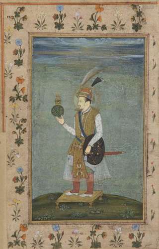 A WATERCOLOR PAINTING, JAHANGIR HOLDING A GLOBE,IN…