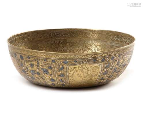 A DECORATED CHISELED BRASS QAJAR BOWL, IRAN, 1250 …