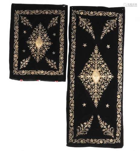 TWO OTTOMAN EMBROIDERED BLACK VELVET PILLOW CASES,…