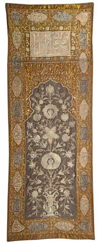 A LARGE GILT THREAD EMROIDERED HANGING PANEL, TURK…