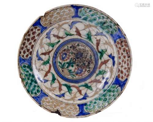 A PERSIAN KUBACHI POLYCHROME POTTERY DISH, NORTH I…