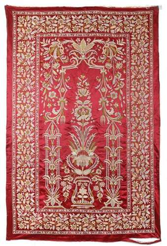 AN OTTOMAN EMBROIDERED RED HANGING PANEL, 20TH CEN…