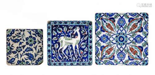 THREE IZNIK POTTERY TILES, TURKEY, 19TH CENTURY