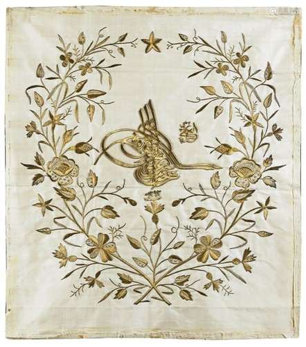 AN OTTOMAN GILT THREAD EMBROIDERED PILLOW CASE, TU…