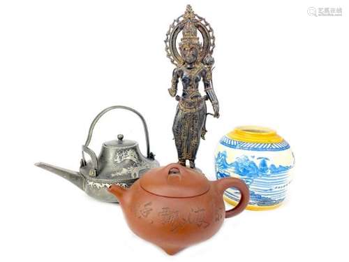 A CHINESE YI XING TEA POT, BLUE AND WHITE JAR, BRONZE FIGURE AND A PEWTER TEA POT