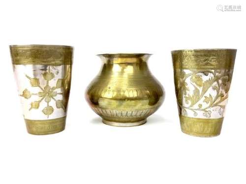 A PAIR OF INDIAN BRASS AND WHITE METAL BEAKERS AND A VASE