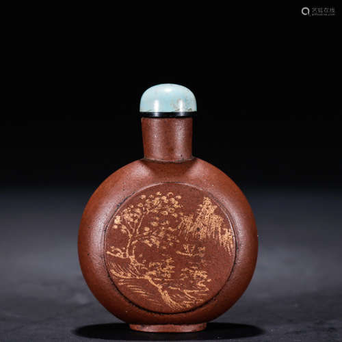 A Chinese Gild landscape Purple Sand Snuff Bottle