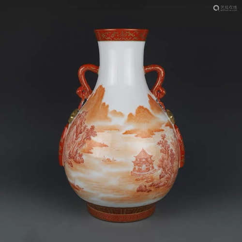 A Chinese Iron Red Landscape Porcelain Zun