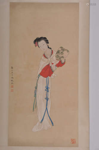 A Chinese Figure Painting Scroll, Feng Chaoran Mark