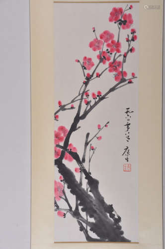 A Chinese Plum Blossom Painting Scroll, Kang Sheng Mark