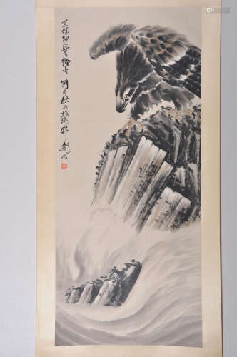 A Chinese Eagle Painting Scroll, Gao Jianfu Mark