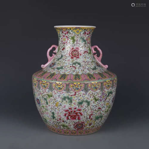A Chinese Famille Rose Floral Porcelain Double Ears Zun