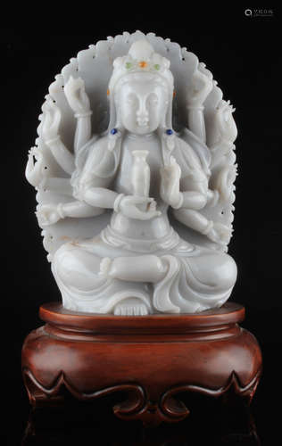 A Chinese Hetian Jade Carved Thousand-Hand Kwan-yin Statue