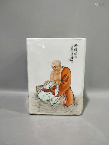 A Chinese Arhat Painted Porcelain Square Brush Pot