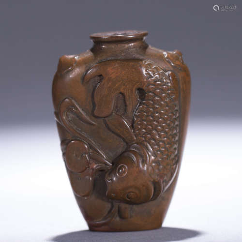 A Chinese Inscribed carp Pattern Copper Snuff Bottle