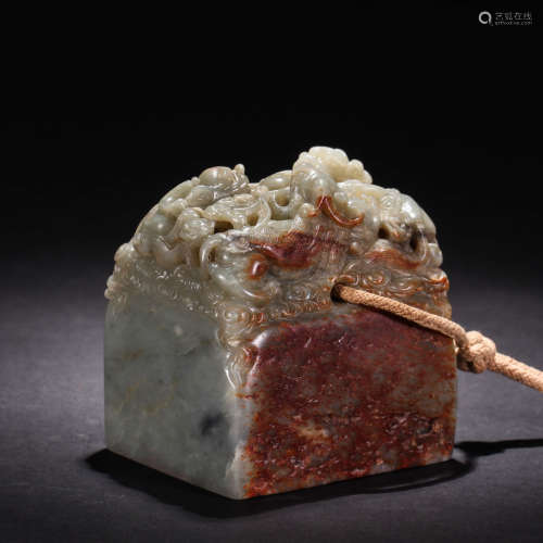 A Chinese White Jade Dragon Handle Seal