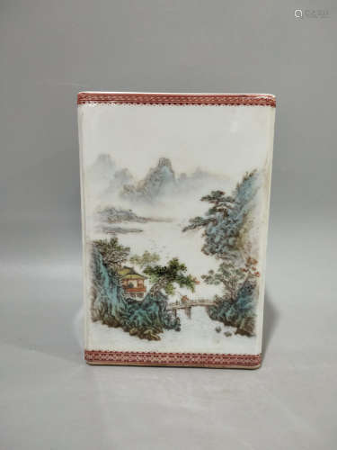 A Chinese Landscape Porcelain Square Brush Pot